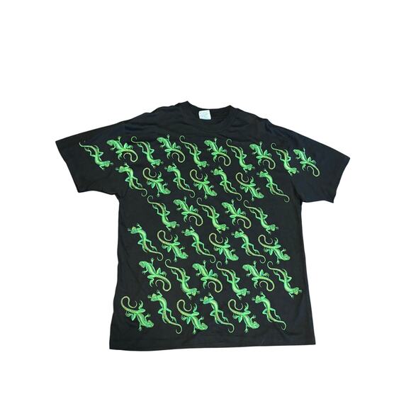 [Vintage] Black Neon Green Single Stitch AOP Double Sided Gecko Tshirt - Size XL - Picture 1 of 3
